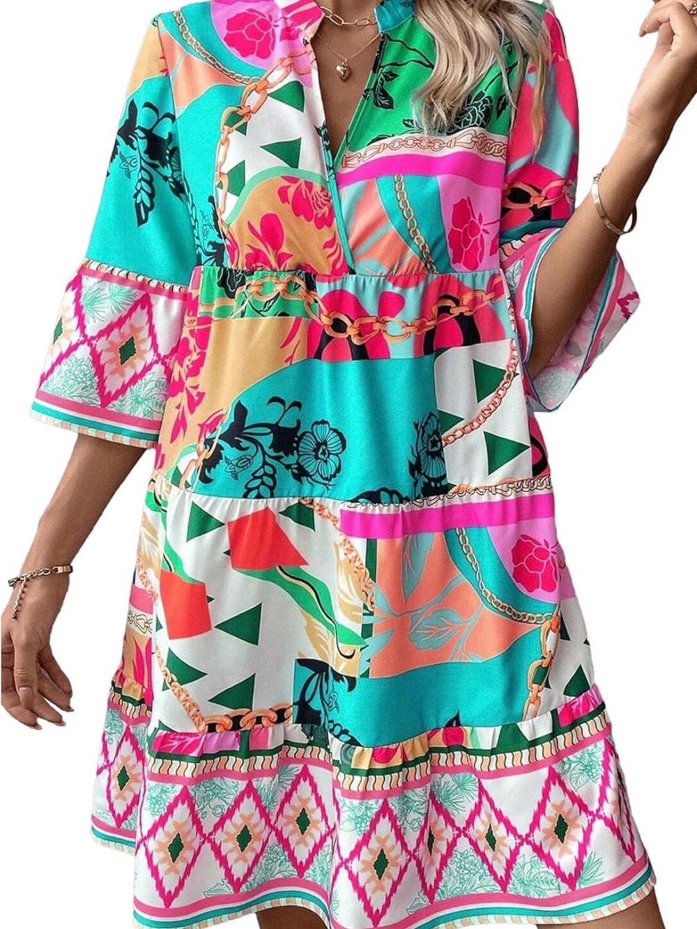 Patchwork Floral Tiered Mini Dress - Multicolor